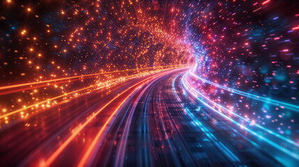 Fototapeta premium Sfondo digitale astratto con particelle e luci colorate che viaggiano alla velocità della luce