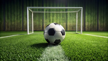 Lonely soccer ball sits on lush green grass, illuminated by bright sunlight, with empty goalposts standing in the background