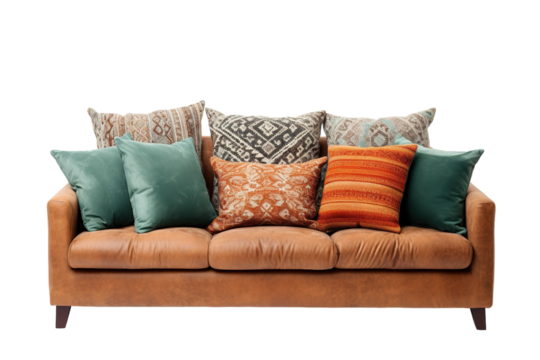 A Tan Leather Sofa Dressed in Boho Chic Pillows on a White or Clear Surface PNG Transparent Background