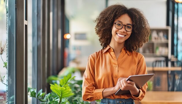 A woman with curly hair and glasses smiles while holding a tablet, wearing an orange shirt in a bright, modern office indoor setting