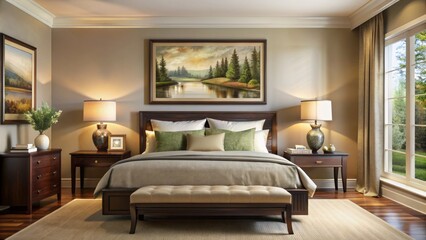 Elegant dark wood frame holds a scenic artwork against a soothing beige wall in a serene and cozy bedroom atmosphere.
