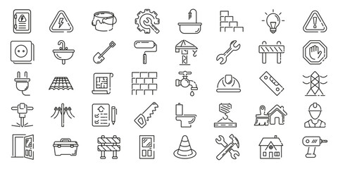 Construction icon. Construction linear icons set. Line art style icons.