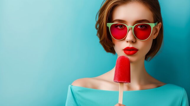 A woman wearing sunglasses and red lipstick holding a red popsicle. The image conveys a fun and playful mood, as the woman is enjoying a cold treat on a sunny day - Powered by Adobe