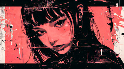 Cool grungy y2k anime manga collage set with a negative photocopy effect . Rough brutal elements for 90s vintage design. Ai generation.