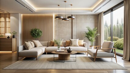 Fototapeta premium Sleek, modern space with neutral tones, sparse decor, natural textiles, and ample negative space evoking serenity and simplicity.