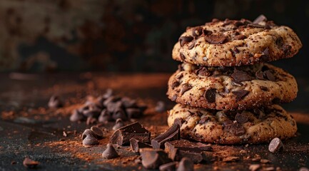 Fototapeta premium sleepy chocolate cookies with cacao and chocolate chips on dark background, close up, stack of cookies in the background, chocolate pieces scattered around, food photography, product shot