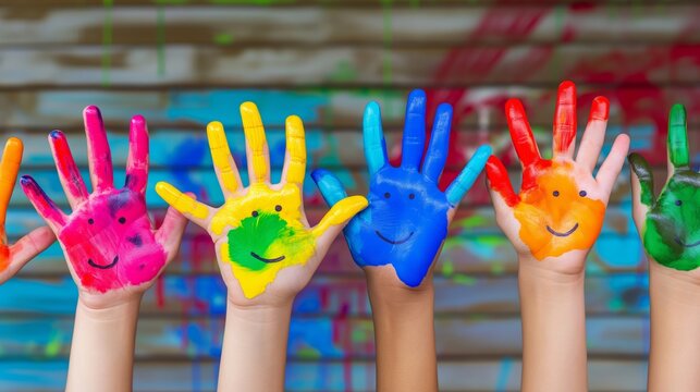 A group of children with painted hands and faces, all smiling. Concept of joy and happiness, as the children are engaged in a fun and creative activity. The colorful paint on their hands