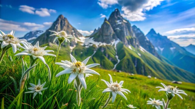 Serene alpine meadow with delicate Edelweiss flowers swaying gently in the breeze beneath towering Jezerski Stog mountain's majestic peak.