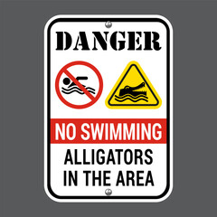 Obraz premium Danger No Swimming Crocodiles sign and symbol. Cartoon crocodile or carnivore reptile warning sign for beach, river people in the water or ocean zone. Eps10 vector illustration.