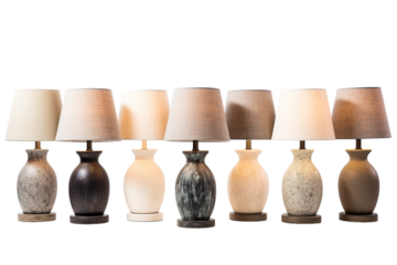 A Row Of Seven Ceramic Table Lamps With Fabric Shades In A Studio Setting on a White or Clear Surface PNG Transparent Background