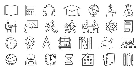 Back to school. linear icons set. Education linear symbols.