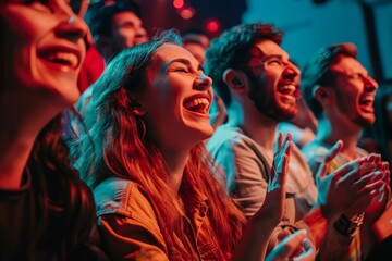 Fototapeta premium Happy audience laughing and applauding at a live show.