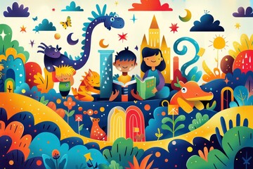 A captivating flat design illustration featuring a diverse group of characters reading books in an imaginative book world. The background is filled with colorful elements like floating books, magical