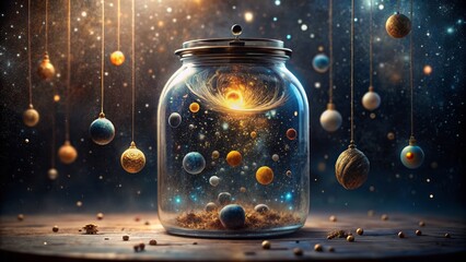 Mysterious cosmos miniature with stars, planets, and galaxies eerily suspended in a large, dew-kissed, glass jar against dark background.