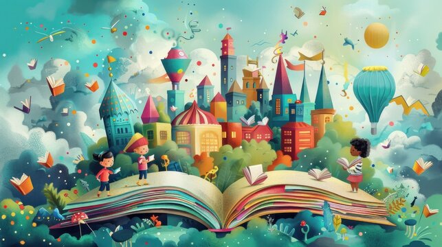 An engaging flat design illustration showcasing a vibrant educational scene with diverse characters immersed in reading books and exploring a fantastical book world. The background features a