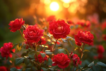Obraz premium Blooming red rose garden sunlight outdoors blossom.