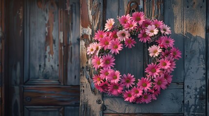 Rustic Wooden Door with Vibrant Pink Flower Wreath, Charming and Inviting