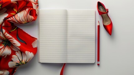 Open notebook with red pencil, red shoe, and red scarf on white background