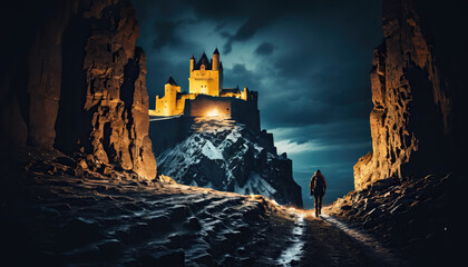 Fototapeta premium Castle City Lost in Cloudy Winter: The Expeditioner's Globetrot Overwhelmed in Landslide