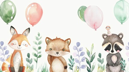 Obraz premium Adorable watercolor forest animal prints with balloons featuring a fox, deer, bear, and raccoon. Perfect for nursery or kid's birthday decorations, invitations, and baby shower posters.