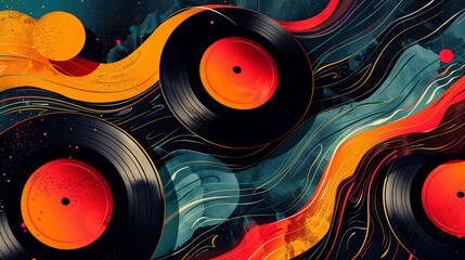 An elegant retro flyer with 1960s psychedelic art, featuring swirling patterns, bold colors, and illustrations of vinyl records and vintage posters.