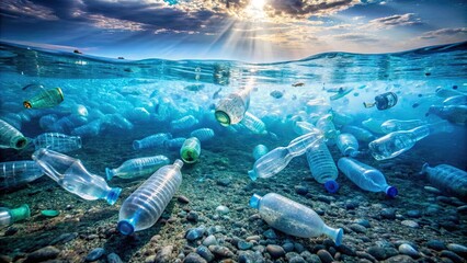 Plastic bottles littering the ocean floor , marine pollution, underwater, debris, waste, garbage