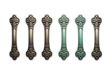 Ornate Metal Handles in a Row of Gradual Hues on a White or Clear Surface PNG Transparent Background
