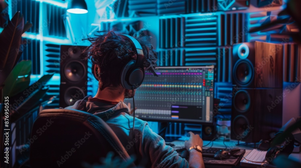 Poster a man wearing headphones sits in front of a computer mixing audio in a home studio. the room is lit 