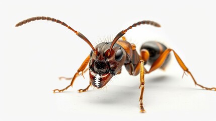 This macro photograph presents a close-up, detailed view of an ant on a white background, highlighting its intricate features and showcasing the marvels of the insect world.