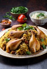Delicious Dum Handi chicken Biryani or Mandi or Kabse dish, The dish is garnished with a sprinkle of fresh herbs and spicy sauce
