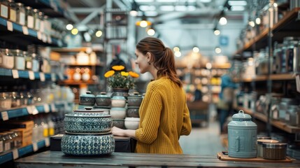 A customer in a yellow sweater is browsing through an aisle filled with various pottery items in a brightly lit home goods store, focusing on ornate ceramics and home decor.