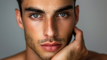 Fototapeta premium Close-up of a handsome man posing against a gray wall background. Young male model indoors. The beauty of fashion and style.