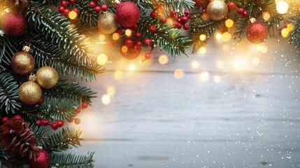 A festive Christmas arrangement of pine branches adorned with red and golden baubles, pinecones, and sparkling lights against a wooden background, exuding holiday joy and warmth.