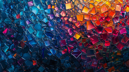 A vibrant, abstract mosaic of tiny geometric shapes, creating a colorful and intricate pattern.