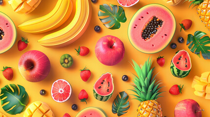 A vibrant, flat pattern of tropical fruits, including pineapples, bananas, and watermelons, in bold colors.