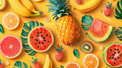 A vibrant, flat pattern of tropical fruits, including pineapples, bananas, and watermelons, in bold colors.