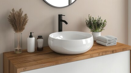 Fototapeta premium An elegantly designed bathroom with a single sink on a wooden vanity, complemented by black fixtures, decorative elements, and soft, natural lighting, creating a stylish and calm space.