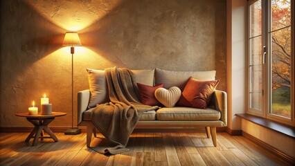 Fototapeta premium Cozy living room with a warm lighting, soft cushions, and a gentle focus on a vacant lap, conveying love and comfort.