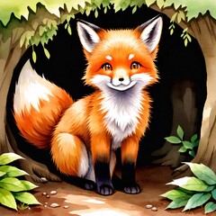 Obraz premium Adorable red fox kit exploring its watercolor forest den