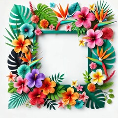 Tropical paper flowers and leaves frame on white background