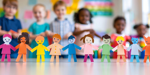 Rainbow colored paper human figures holding their hands on kindergarten or school background. Diversity and inclusion concept.