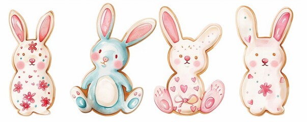 Bunnyshaped cookies with icing, dessert element, watercolor illustration, pastel, isolated on white background