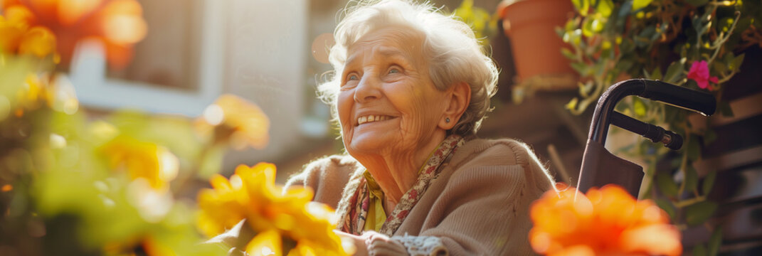 Cheerful old woman in a retirement home garden. Senior lady in a wheelchair admiring blossoming flowers outdoors. Housing facility intended for the elderly people.