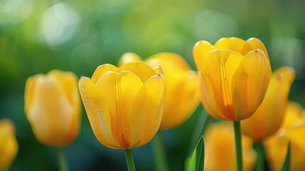 Obraz premium Yellow tulips in full bloom basking in sunlight with a green garden background, embodying the freshness and brightness of spring. The image radiates life and natural beauty.
