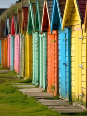 Obraz premium Many brightly colored beach huts. Vivid architecture.