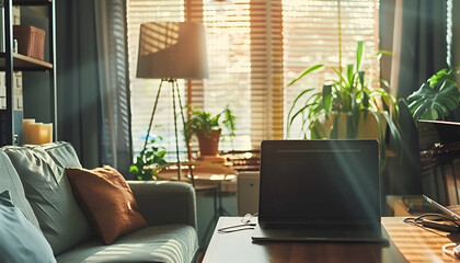 Fototapeta premium Cozy workplace with modern laptop on desk and comfortable chair at home