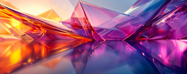 A minimalistic digital background with geometric shapes and vibrant gradients of orange and purple. Sharp angles and vibrant colors create a dynamic and energetic visual effect.