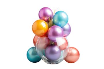 A Symphony of Shimmering Balloons in a Glass Vase on a White or Clear Surface PNG Transparent Background