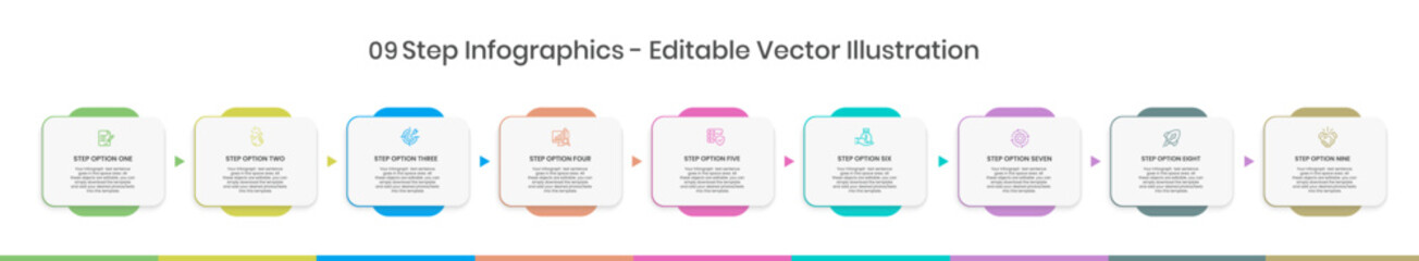 9 Steps Infographics Design Template - Graph, Pie chart, workflow layout, squire diagram, brochure, report, presentation, web design Editable Vector illustration