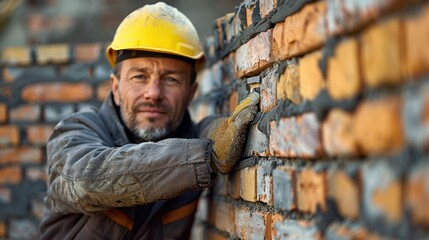 A bricklayer with a yellow hard hat and gloves carefully working on a brick wall, highlighting the determination and precision in construction work.